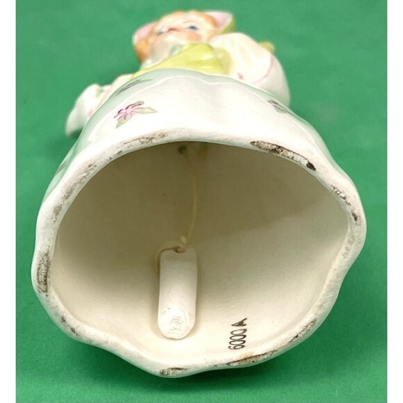 VTG 4.5" Handpainted Ceramic Girl BELL Figurine Floral Bouquet Green Bonnet EUC - Picture 5 of 6